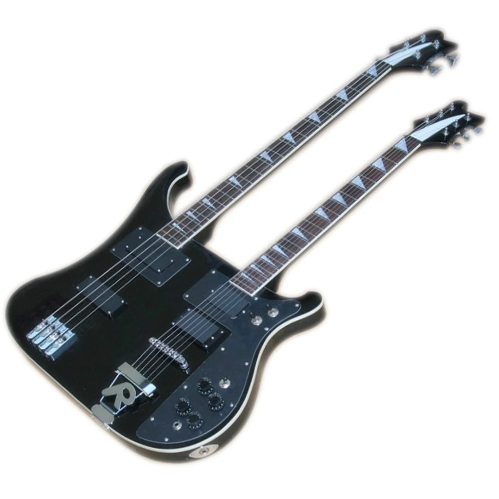 Factory Outlet-Free Shipping Black 4+6 Strings Double Necks Electric Guitar with Rosewood Fretboard