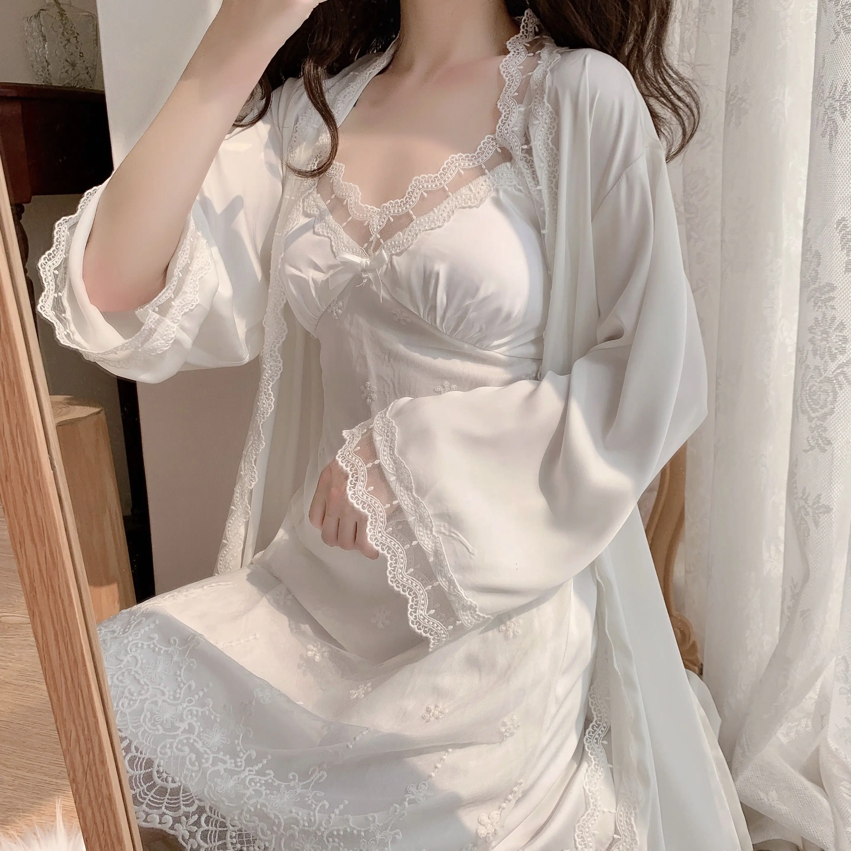 Pyjama de Style japonais doux pour filles, robe de nuit Sexy en dentelle avec ruban sur la poitrine, Cardigan blanc, costume d'été pour femmes