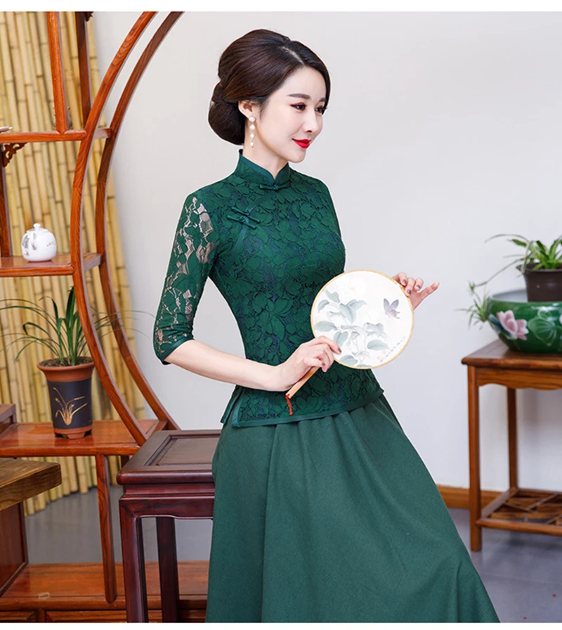 Lace Cheongsam Tops Chinese Cheongsam women Retro Improved Elegant Cheongsam Set Two-piece Wedding Banquet cheongsam Mom wear