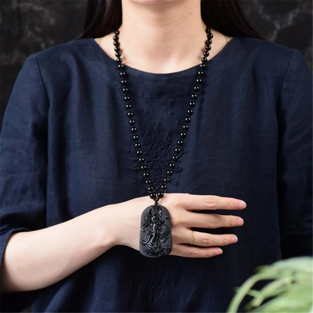 Beautiful Natural Black obsidian Carved Chinese Dragon GuanYin Amulet Lucky Pendant + Rope Necklace Fine Jewelry