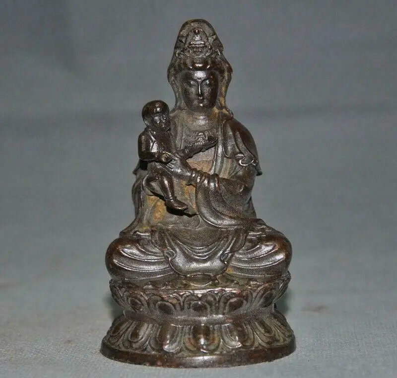 Old Chinese Buddhism Bronze Kwan-Yin Guanyin Bodhisattva Goddess Buddha Statue Antiquity Religious Artwork Collectible