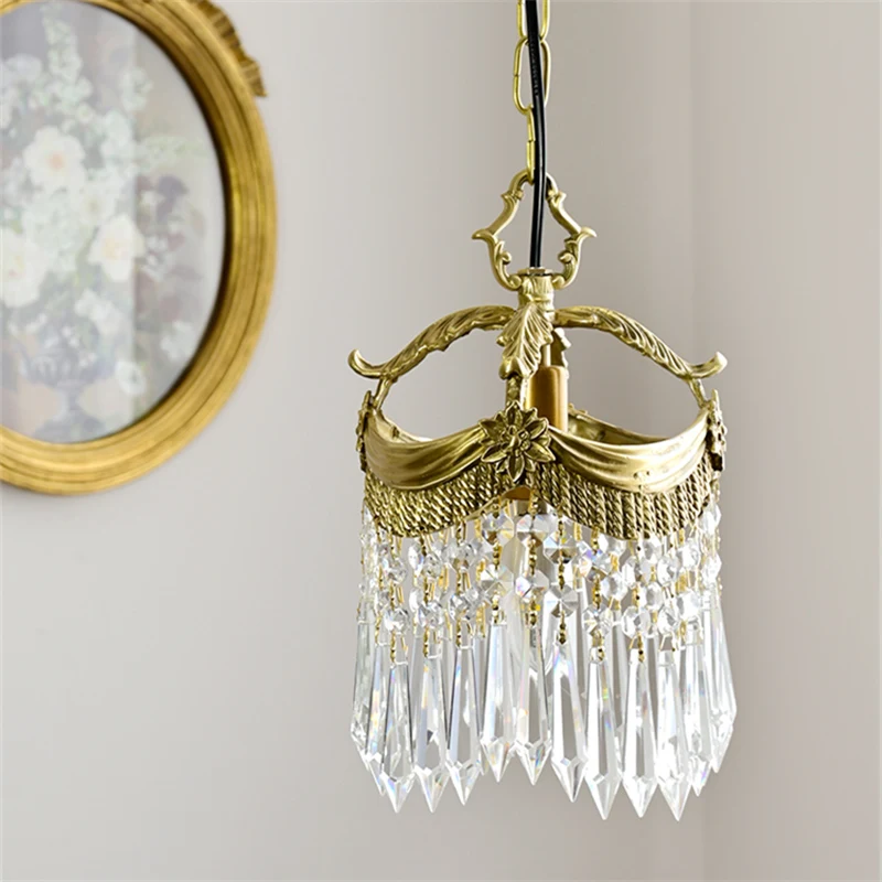 

French Vintage Small Pendant Lights All Copper Crystal Postmodern Bedside Coffee Shop Aisle Personality Creative Decor Hanglamp