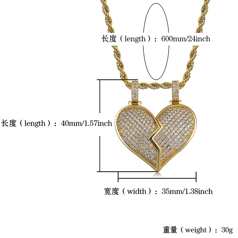 Micro Paved AAA+ Cubic Zirconia Iced Out Bling Silod 2 PCS Half Heart Lover BFF Pendants Necklace for Men Hip Hop Rapper Jewelry