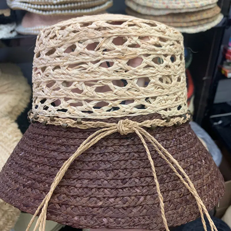 New Retro Hollow Raffia Bowknot Flat Top Straw Hat Raw Edge Sun Hat Female Summer Bucket Beach Hat Vacation Derby Verano