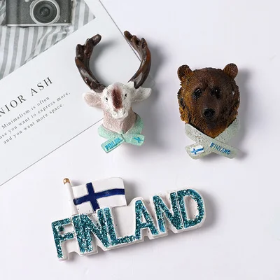 High-end Refrigerator Stickers Finnish Elk Brown Bear Finnish Flag 3D Nordic Travel Souvenirs Resin Fridge Stickers