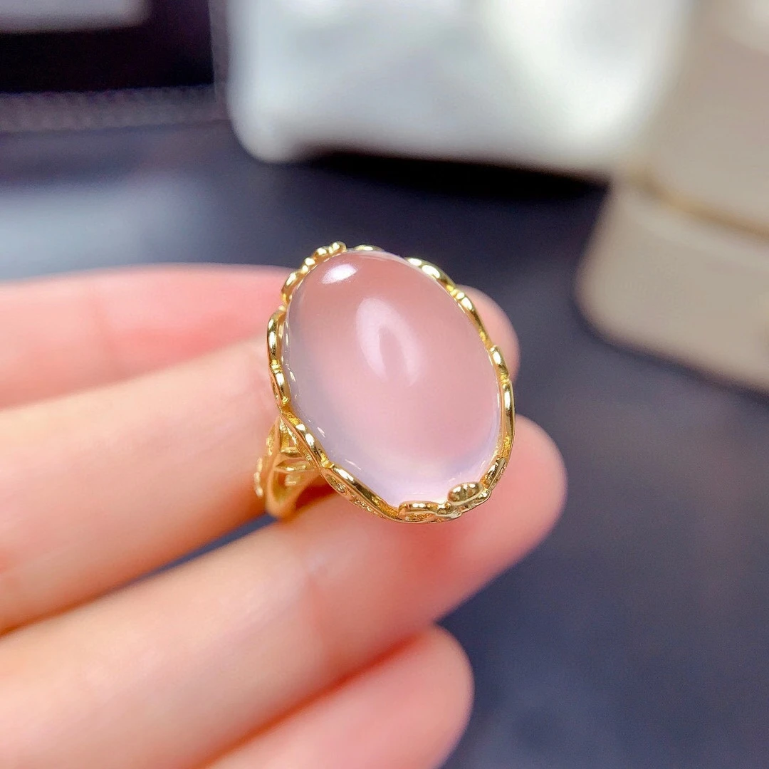 Vintage 925 Silver Gemstone Ring for Woman 13mm*18mm 100% Natural Rose Quartz Ring Sterling Silver Rose Quartz Jewelry