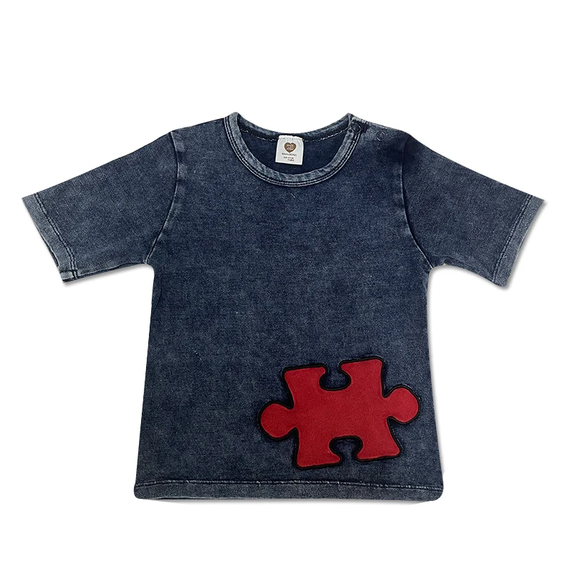 Baby summer clothes set top and pants knitted denim kids clothes boy and girl clothes round neck short sleeves with red patches