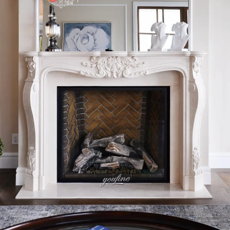 Modern Natural Stone Hand Carved French White Marble Fireplace Surround Mantal