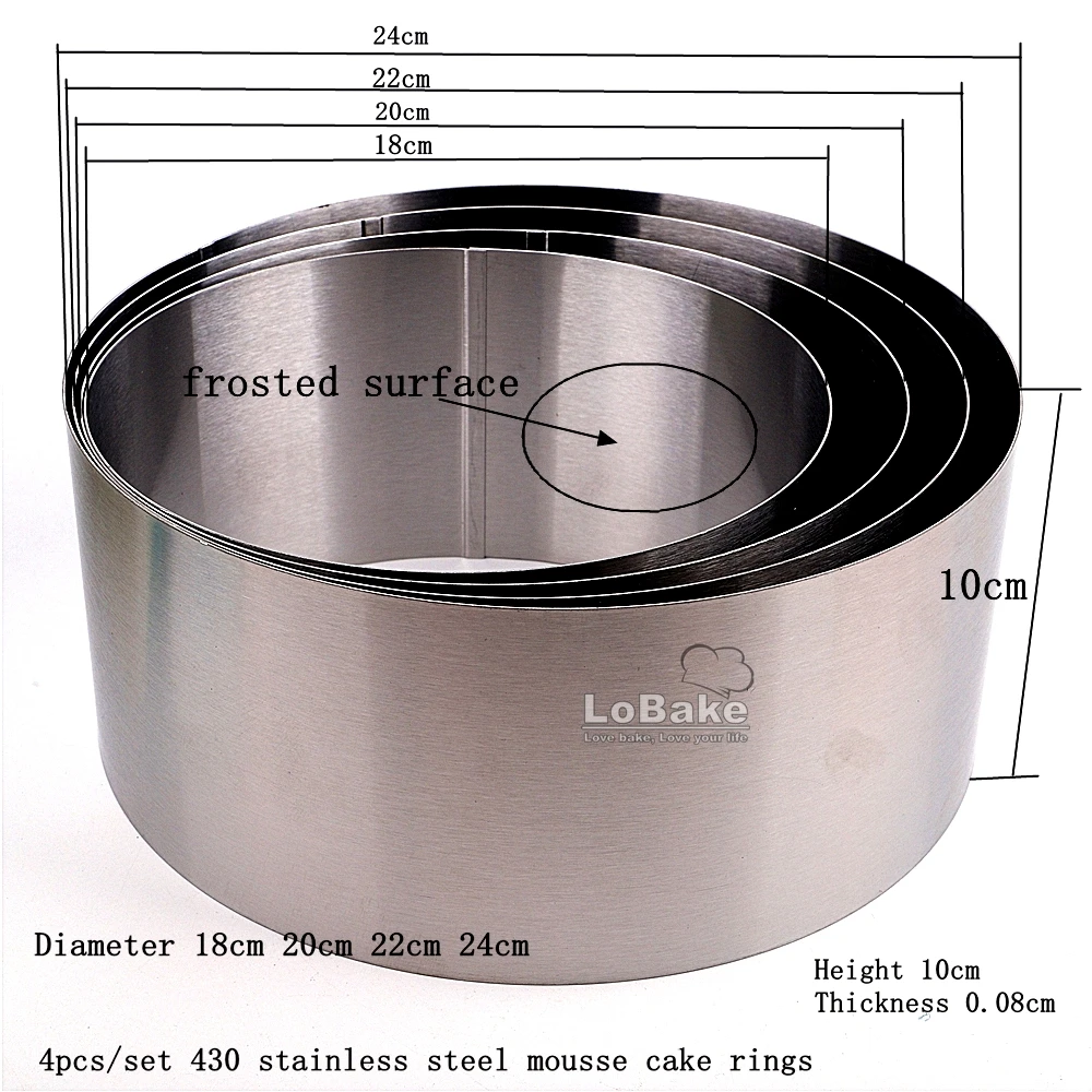 4サイズ/セット径。18 20 22 24センチメートル10センチメートル高さラウンドステンレス鋼ムースリング金型バースデーケーキ型diyのベーキングつや消し表面