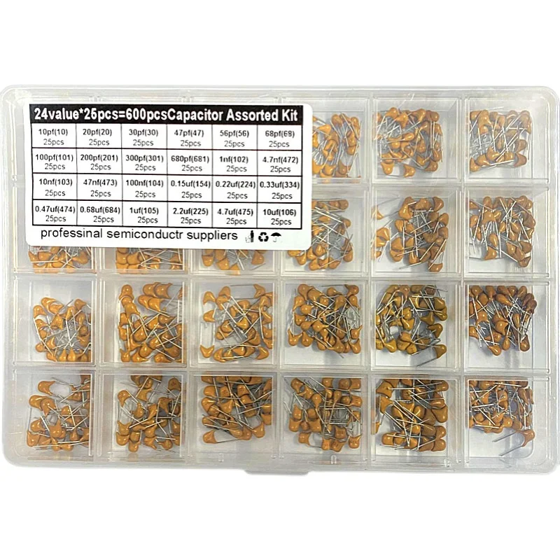 600pcs/lot Monolithic Ceramic Capacitor Assortment Kit 10pF-10uF Multilayer Ceramic Capacitor Set 0.47uF 2.2uF 1nF 10nF 100nF