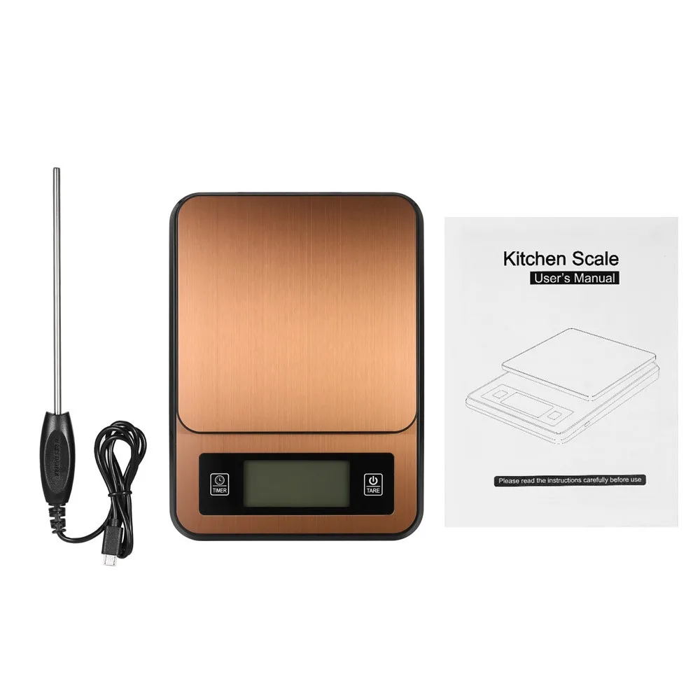 

Digital Coffee Scale Multifunction Kitchen Food Scale with Timer Temperature Probe LCD Display Green Backlight 3000g/1g