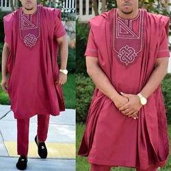 H&D African Men Clothing 3 Pieces Set Mens Dashiki Robe Shirt Pants Suit Short Sleeve T-shirt Wedding Party Attire Formal Outfit