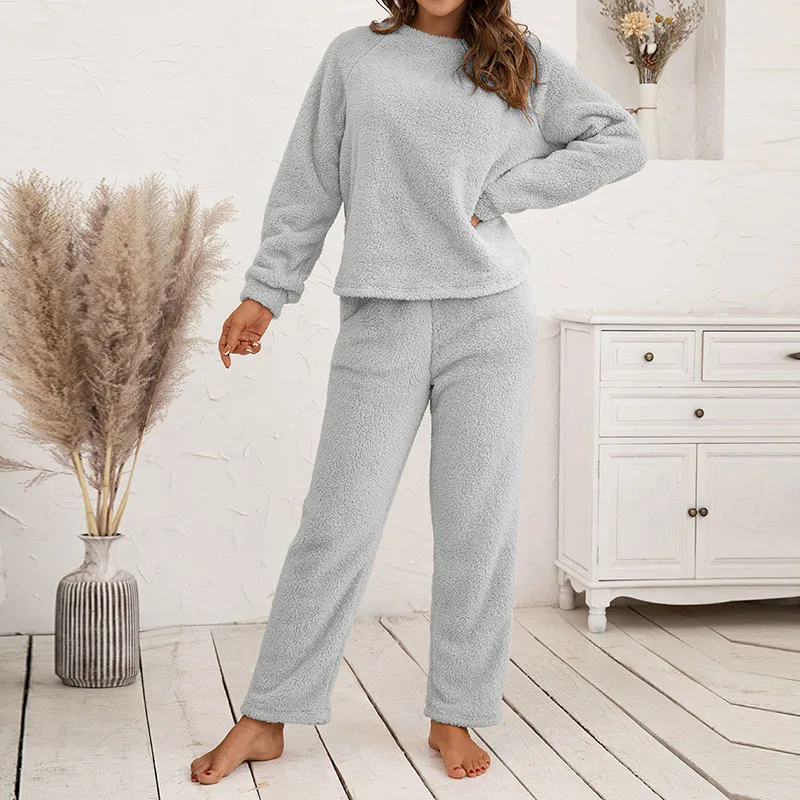 Winter Pajamas Sets Women Fleece Warm Sleepwear Casual Plush Solid Color Long Sleeve Tops Trousers Home Clothes Nightwear New