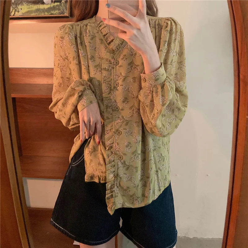 Floral Shirts Women Korean Style Girlish Long Sleeve V-neck Daily Summer All-match Students Lady Tender Fashion Casual Female