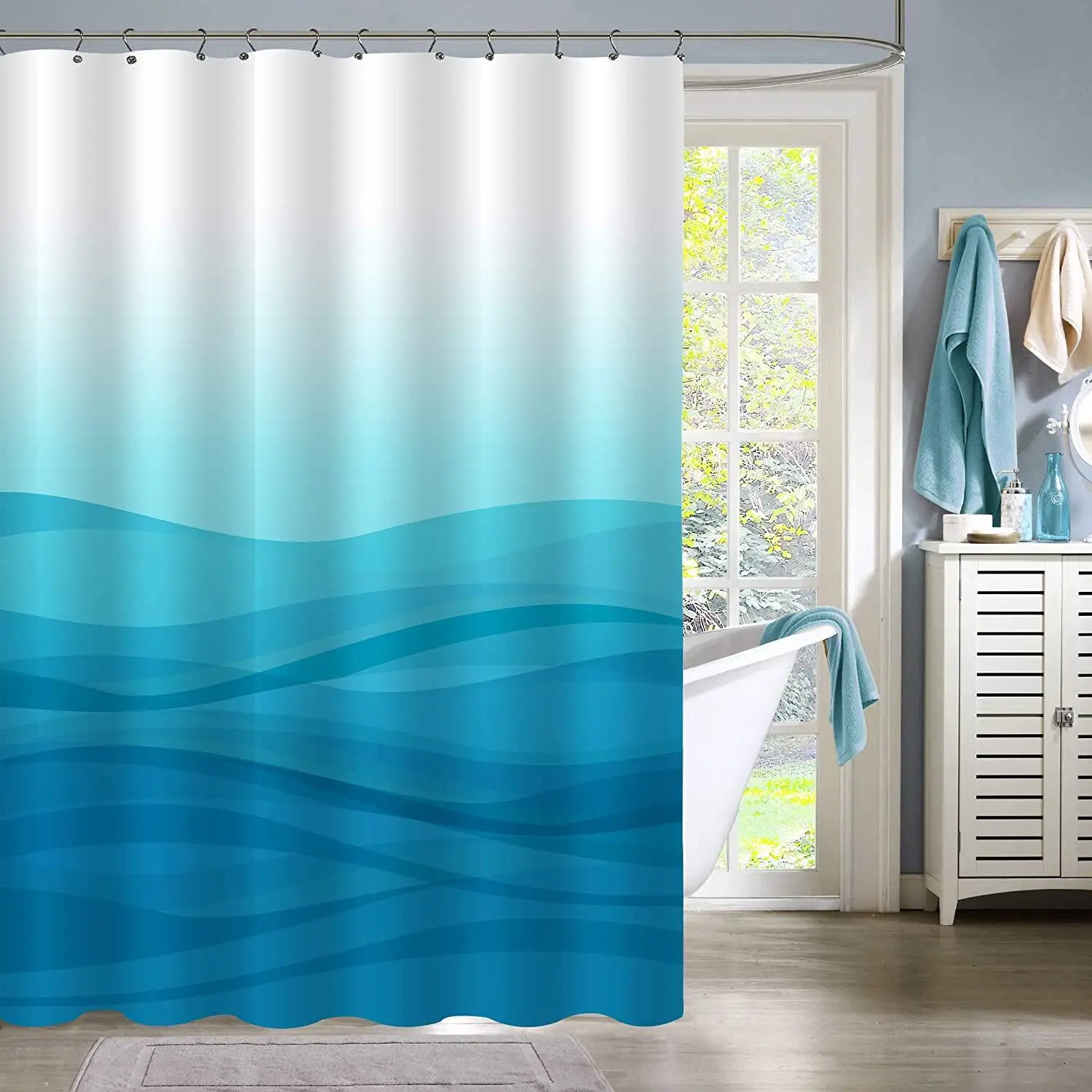 Blue Ombre Shower Curtains Set Abstract Ocean Light Blue Striped Standard for Modern Bathroom Decor Sea Waves Cloth Bath Curtain