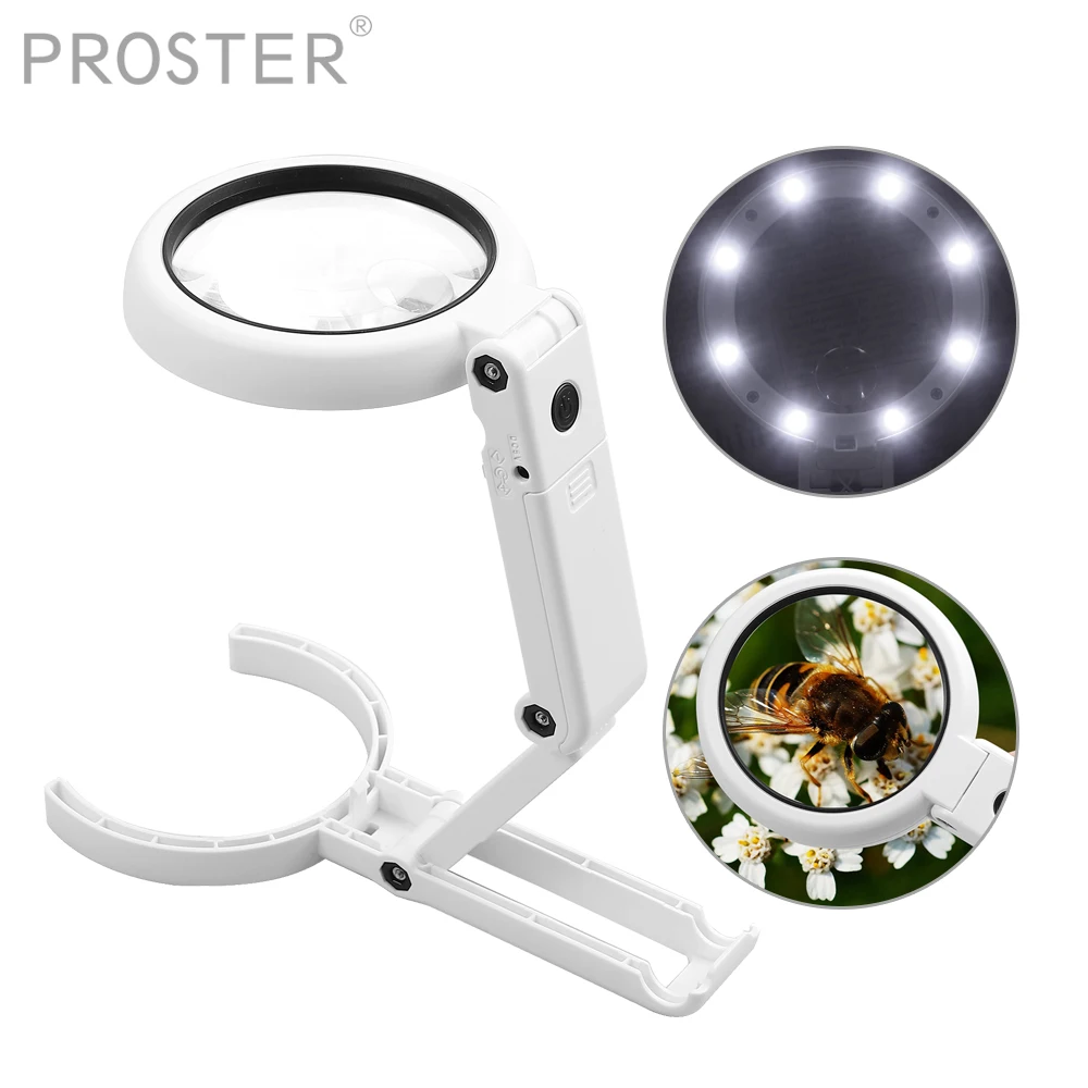 PROSTER 5X-11X Magnifying Glasses With 8 LED Lights Foldable Desktop Stand Table Lamp & Hand-held Magnifier Repair Reading Tool