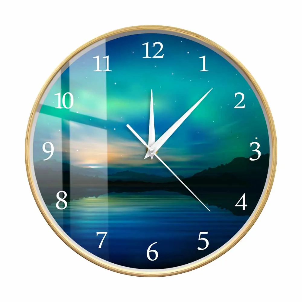 Aurora Borealis And Mountains Silent Non Ticking Wall Clock For Living Room Abstract Nature Home Décor Rustic Wood Frame Watch