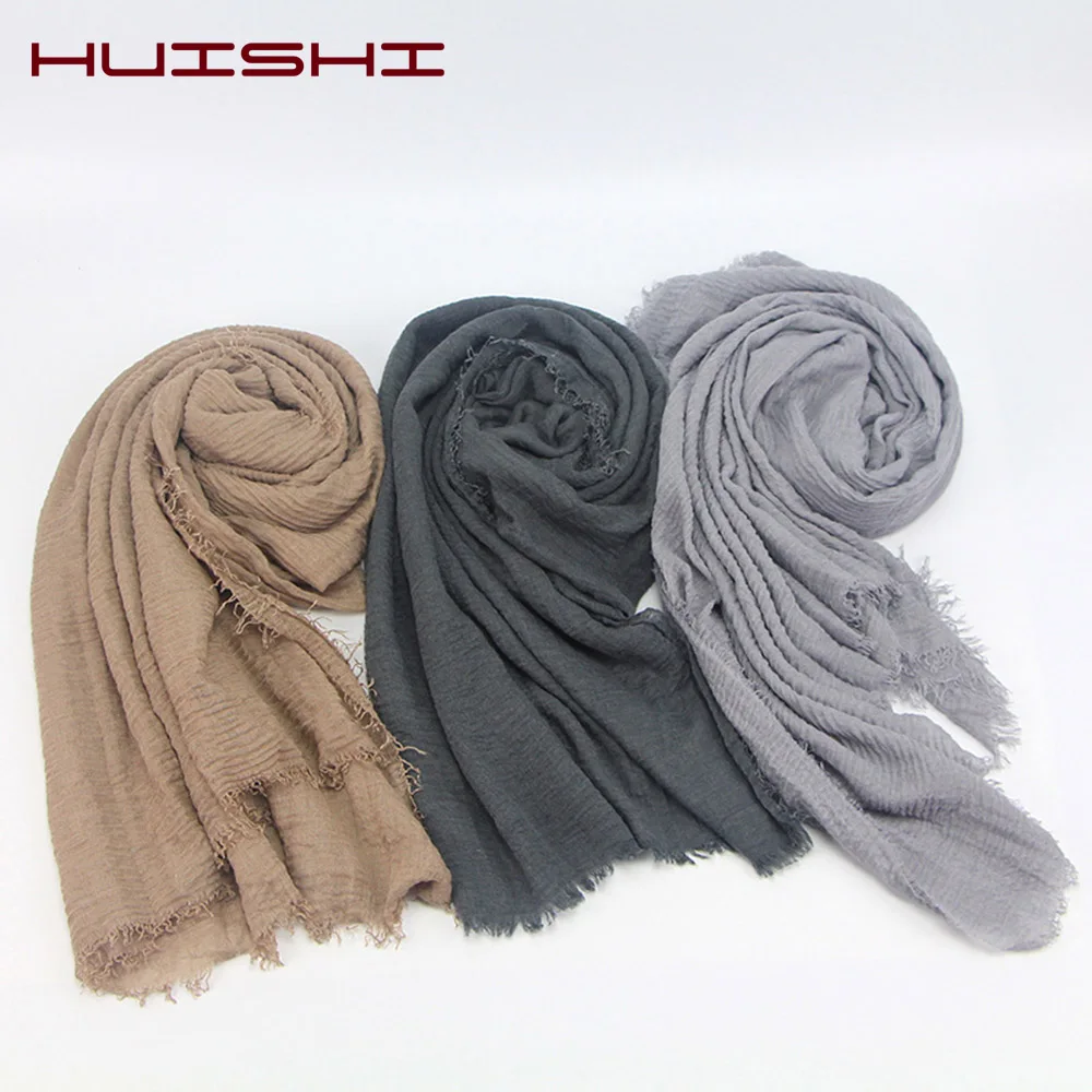 HUISHI Scarf Muslim Women Bubble Cotton Solid Islam Muslim Head Scarf Shawls and Wraps Female Foulard Crinkle Cloud Hijab