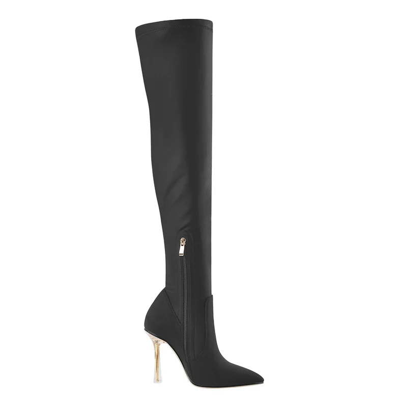 Onlymaker Women Over The Knee Boots Pointed Toe Black Satin Flock High Stretch Clear Metal High Heel Zipper Concise Sock Boots