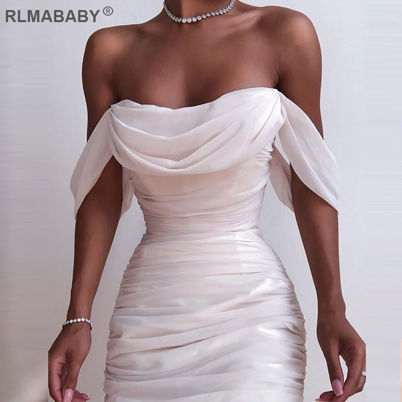 RLMABABY Sexy Strapless Pleated White Dress Women Casual Off Shoulder Bodycon White Dress Double Layer Ruched Club Party Dress