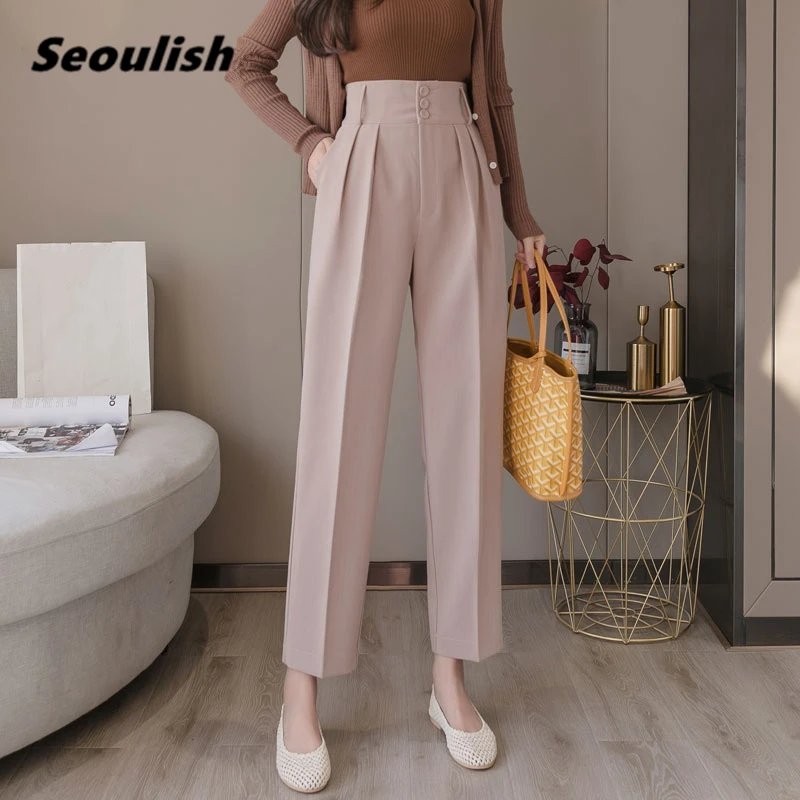 

Seoulish Spring Summer 2021 New Women's Formal Harem Pants Pockets High Waist Elegant Office Lady Button Ankle-Length Pants