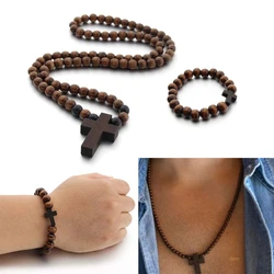 Wood Bead Religious Catholic Crucifix Pendant Necklace Bracelet Set First Communion Gift Inspirational Cross for Prayer