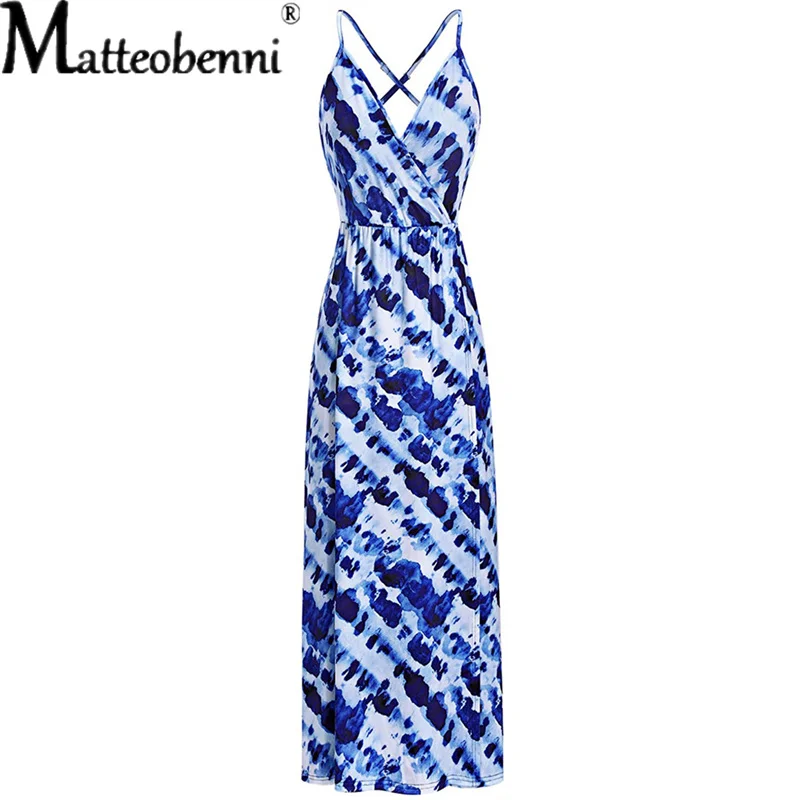 Women Sexy V-Neck Sleeveless Tie Dye Print Spaghetti Strap High Split Dress 2021 Summer Ladies Casual Beach Maxi Dress Vestidos