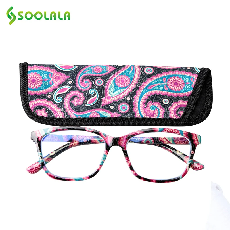 SOOLALA Square Spring Hinge Floral Printed Anti Blue Light Reading Glasses Women Presbyopic Glasses with Cases +0.5 +0.75 to 4.0