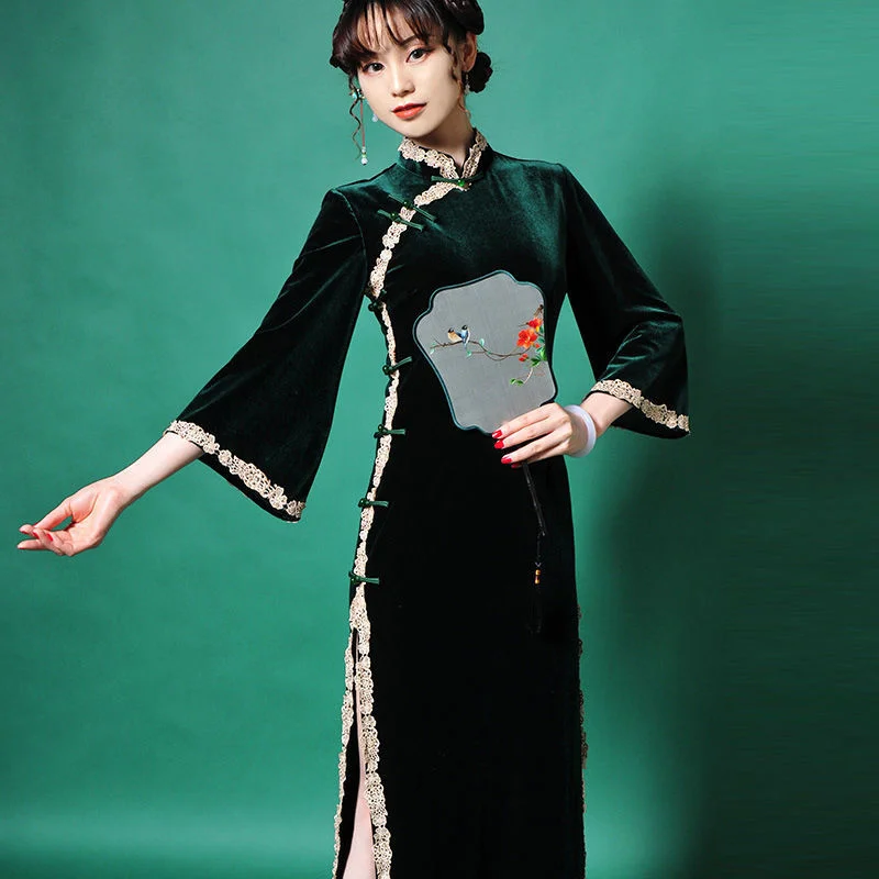 

Dark Green Vintage Fashion Qipao Ethnic Style Women Chinese Dress Hanfu Traditional Elegant Modern Improve Female Long Cheongsam