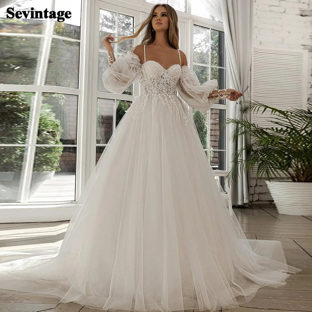 A-line Beach Wedding Dress Long Puff Sleeve Lace Bridal Gown Feathers Custom Made Princess Wedding Party Gowns Boho Plus Size