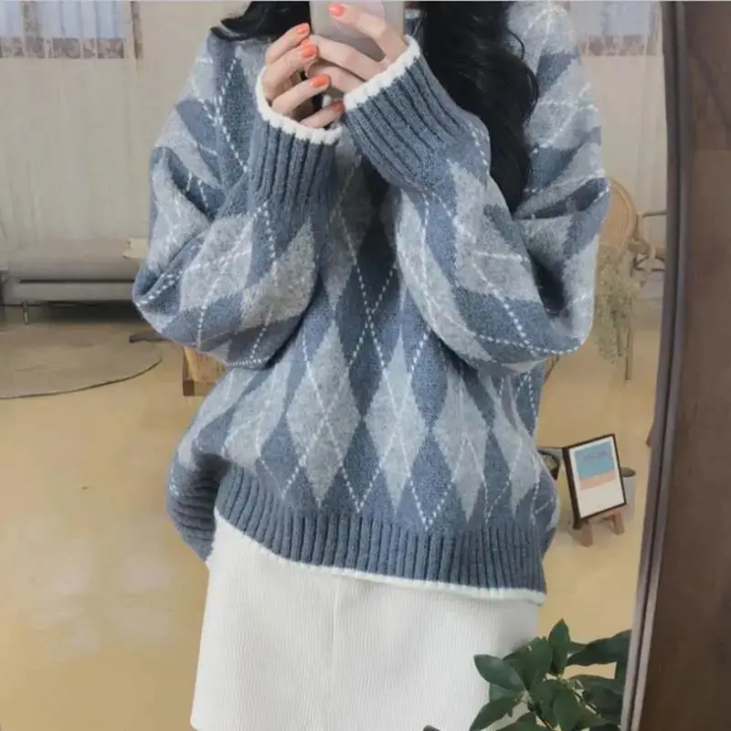 Kobiety sweter z dzianiny moda swetry oversize zima Argyle luźny sweter koreański styl College kobiety Jumper Sueter Mujer