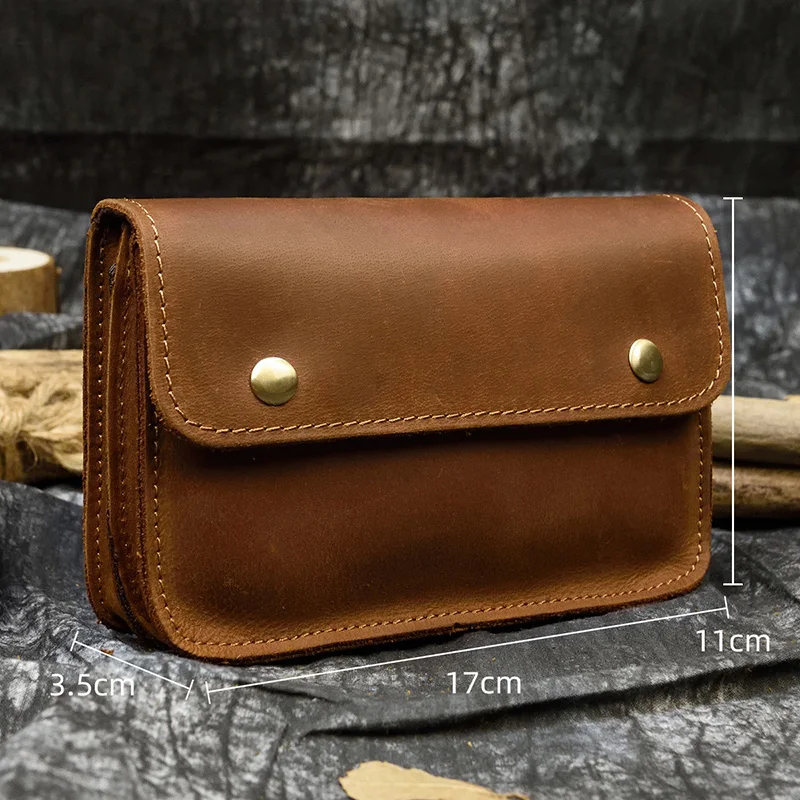 Men\'s Genuine leather waist bag for iPhone crazy horse leather belt bag cow leather snap wallet 2 use Real leather clutch bag