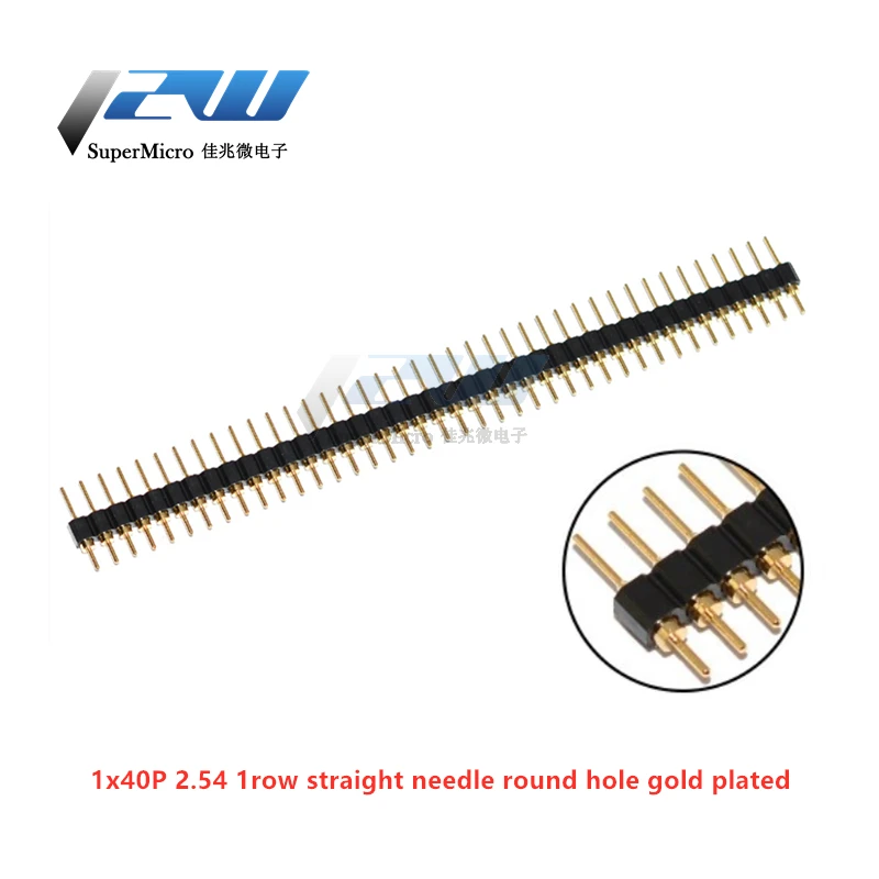 5 Stück Rundloch-Stiftleiste, 2,0 mm/2,54 mm Rastermaß, Buchse/Stecker, einreihig, 1 x 40 P, Reihe, 2 x 40 P, zweireihiger Stift, runder Stift, vergoldet