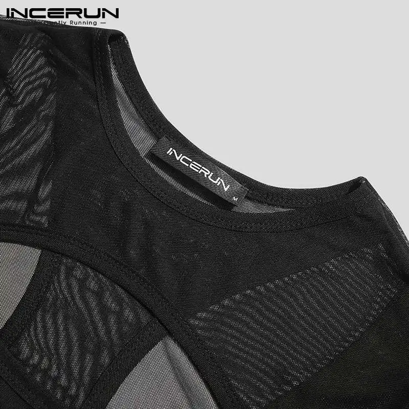 INCERUN 2023 Men T Shirt O-neck Hollow Out Short Sleeve Mesh See Through Sexy Crop Tops Men Streetwear Skinny Camisetas S-5XL