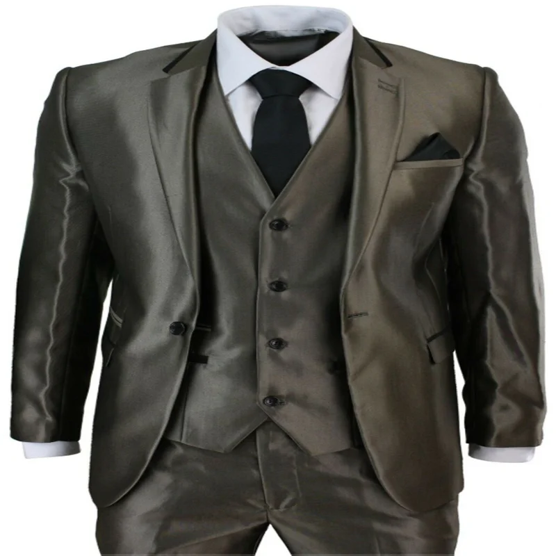 Mens Suit Slim Fit Shiny Champagne Gold Black Trim 3 Piece Men Suit Work Office or Weddi Costume Homme