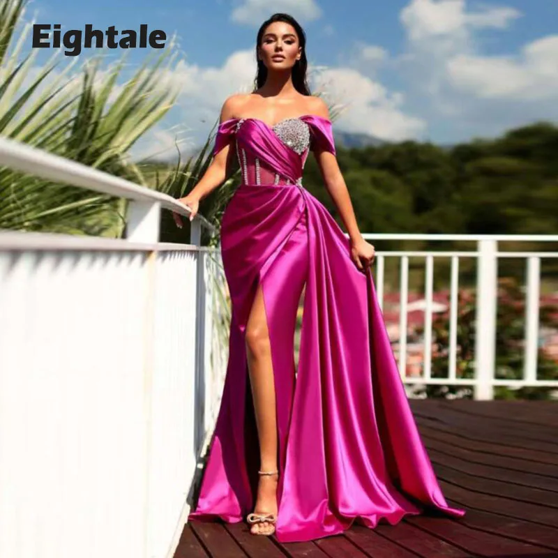 Eigtale-vestido de noche árabe para mujer, traje de fiesta con cuentas de corazón, lateral alto, dividido, hombros descubiertos, satén, Fushcia, 2021