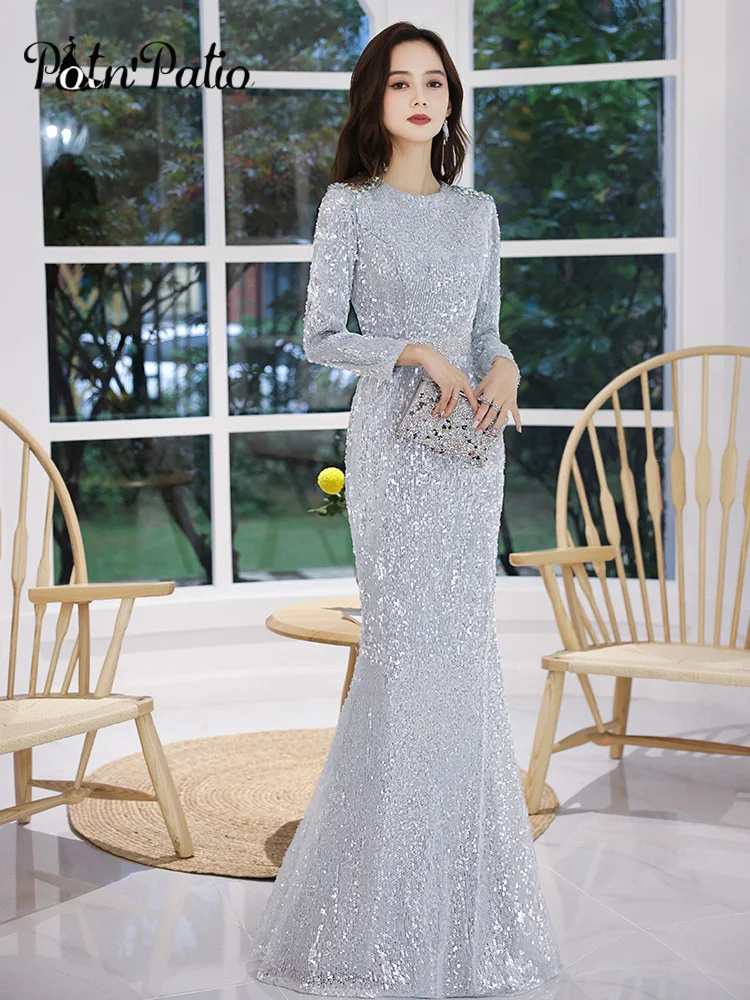 

Long Sleeve Mermaid Evening Dreses 2021 Elegant O-Neck Floor-Length Full Lining Silver Gray Modest Formal Gowns For Wedding