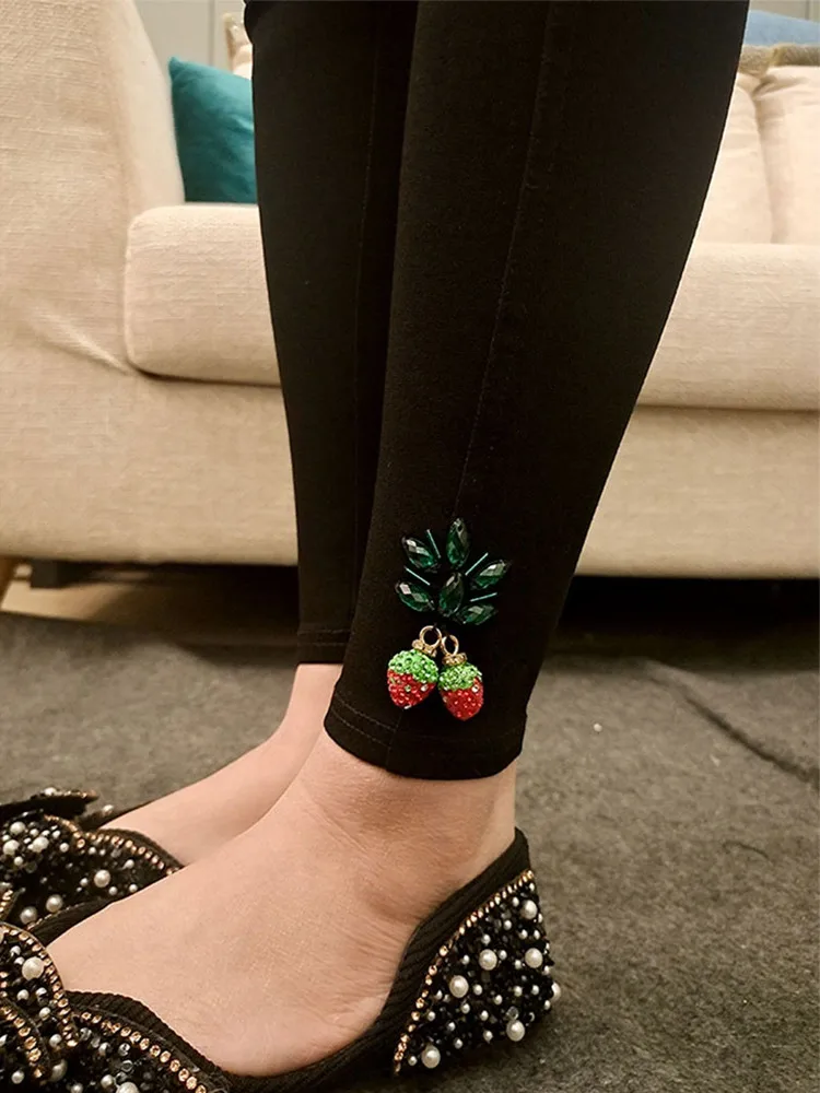 Autumn winter women strawberry fruit rhinestone leggings thickening velvet ankle length skinny pants