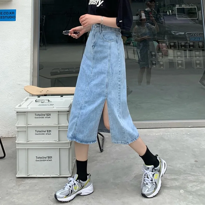 

Women Denim Middle Length Skirt 2021 New Summer Vintage High Wasit Harajuku All-Matched Jeans Straight A-Line Pencil Split Skirt