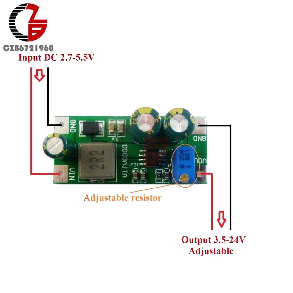 6A 30W DC 3V 3.3V 3.7V 5.5V to 5V 6V 7.5V 9V 10V 12V 14.8V 24V Step-Up Boost Converter Board for 18650 Lithium Battery Module