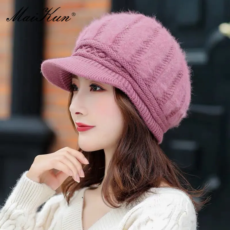 Maikun Hats For Women Autumn And Winter Casual Wild Rabbit Fur Duck Tongue Beret Winter Cold And Warm Knitted Woolen Cap