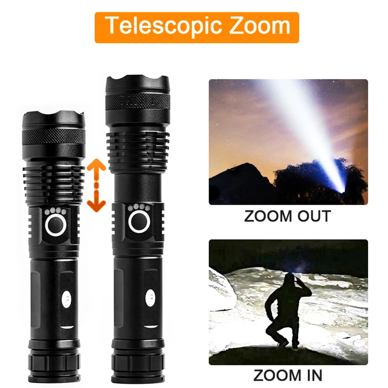 1000000lm Xhp50 Led Zaklamp Usb Oplaadbaar Gebruik 18650 Zoom Aluminiumlegering Led Zaklamp Beste Camping, Outdoor & Noodgevallen Gebruik