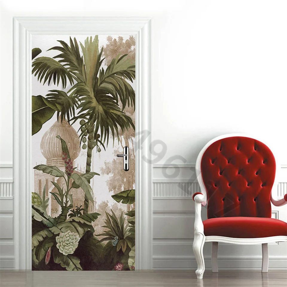 3D Green Palm Leaf Door Sticker Self-Adhesive Photo Wallpaper For Bedroom Entrance Poster Furniture Decal Home Design Door Cover