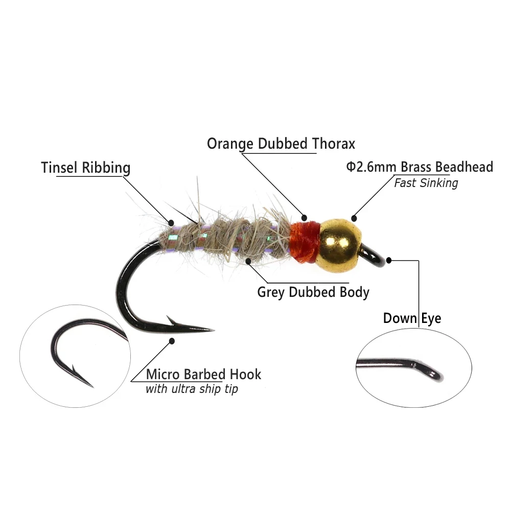 Bimoo 6PCS Brass Beadhead Walt’s Worm Nymph Fly Mayfly Larva Caddis Pupa Imitate Perch Trout Steelhead Fishing Flies Lures Bait