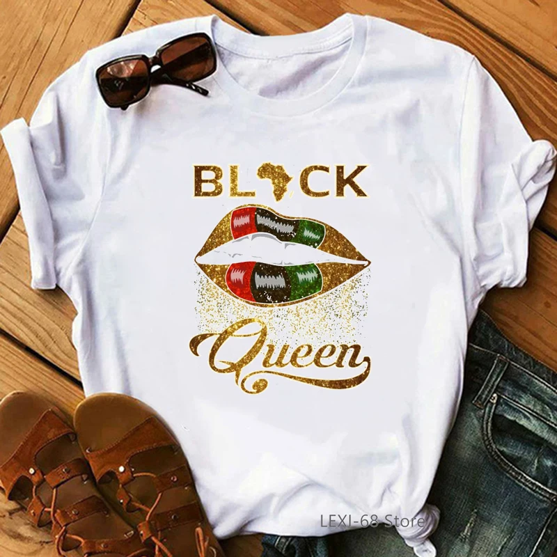 

2024 Black Queen Golden Lips Print Women Tshirts Graphic Tees Women T Shirt Summer Tops Black Girls Female T-Shirt Melanin Shirt