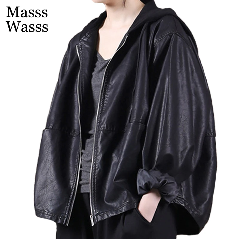 Mass Wass Koreanische Designer Frühling Damen Schwarz Punk Pu Biker Jacken Frauen Faux Leder Mantel Weibliche Mit Kapuze Übergroßen Streetwear