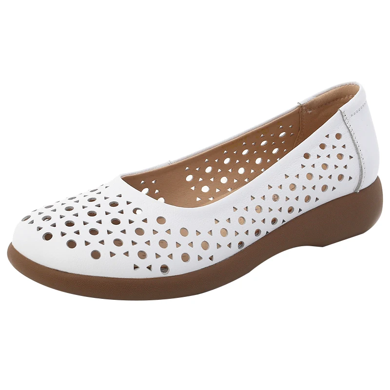 GKTINOO White Genuine Leather Ladies Breathable Summer Shoes Women Flats Slip-On Loafers Round Toe Soft Flat Shoes Casual