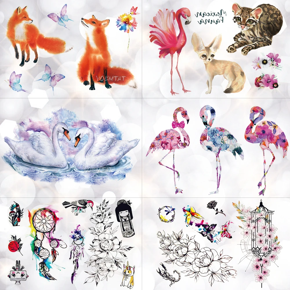 

Swan flamingo Watercolor Temporary Tattoo Sticker Unicorn Fox Flowers Waterproof Tattoos Body Art Arm Fake Tatoo Women Girl