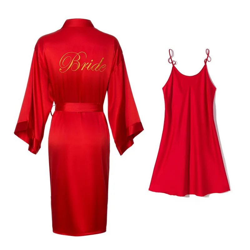 자수 편지 웨딩 가운 & 잠옷 세트 섹시한 신부 들러리 기모노 목욕 가운 가운 느슨한 새틴 잠옷 여성 Nightdress