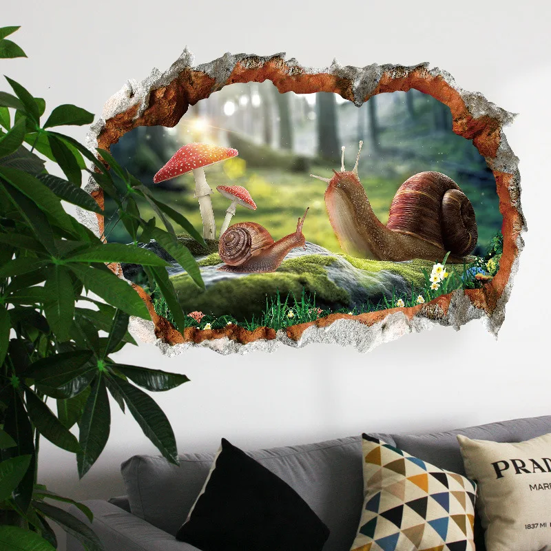 3D decoration broken wall snail home decoration sticker bedroom living room background pvc wallpaper forest mushroom snail decal